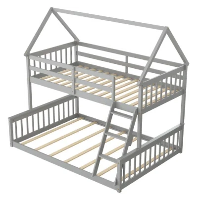 Costway Twin Over Full House Bunk Bed With Ladder And Guardrails-gray