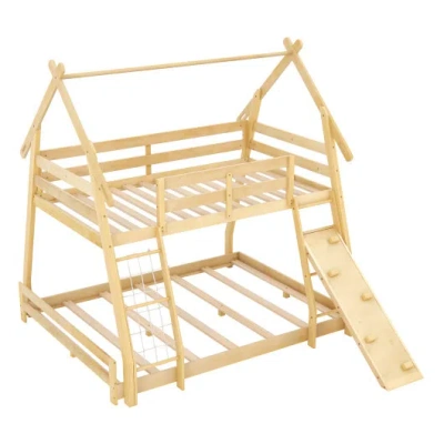 Costway Twin Over Queen Bunk Bed Wooden Kids Bed With Climbing Nets And Ramp-natural In Multi