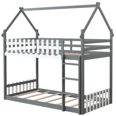 Costway Twin Over Twin Bunk Bed With Fence And Ladder For Kids-gray In Multi