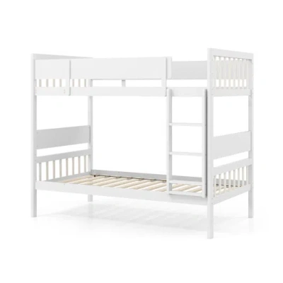 Costway Twin Over Twin Bunk Bed With Ladder And Full-length Guardrails-white In Animal Print