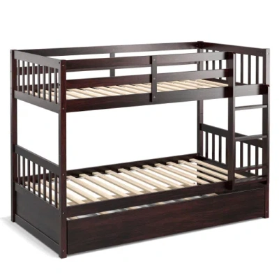 Costway Twin Over Twin Bunk Bed With Pull-out Trundle And Ladder-espresso In Brown