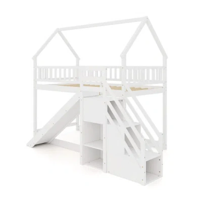 Costway Twin Over Twin Bunk Bed With Slide And Staircase-white