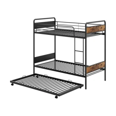 Costway Twin Over Twin Bunk Bed With Trundle With Ladder And Full-length Guardrails-black In Brown