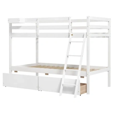 Costway Twin Over Twin Bunk Bed Wood Bed Frame With 2 Storage Drawers And Ladder-white