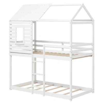 Costway Twin Over Twin House Bunk Bed With Roof And Full-length Guardrails-white