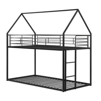 Costway Twin Over Twin Metal Bunk Bed With Roof And Ladder-black