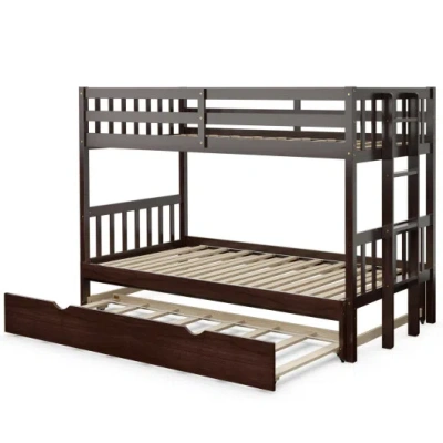 Costway Twin Pull-out Bunk Bed With Trundle Wooden Ladder-espresso In Brown