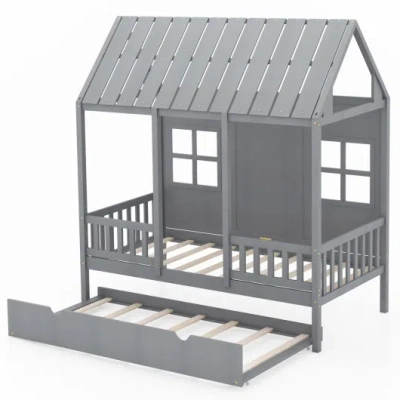 Costway Twin Size Bed Frame House Bed With Trundle And 82 Inch Tall Roof-gray