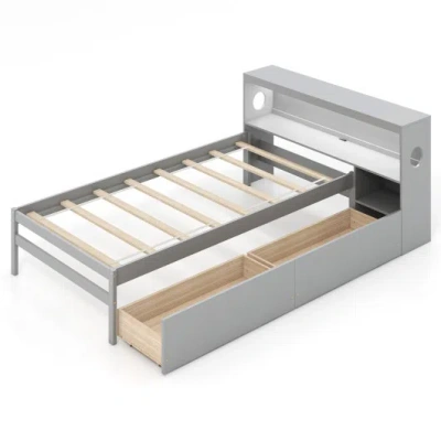 Costway Twin Size Bed Frame With Led Light And Bookcase Headboard-gray In Multi