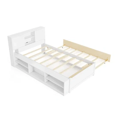 Costway Twin Size Bed Frame With Trundle And Power Outlets-white In Multi