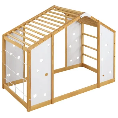 Costway Twin Size Climbing Bed 2-in-1 Montessori Floor Bed With Monkey Bars-natural And White In Brown
