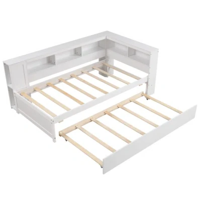 Costway Twin Size Daybed Platform Bed Frame With Trundle And Bedside Shelves-white