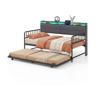 Costway Twin Size Daybed With Trundle And Metal Bed Frame With Headboard-rustic Brown
