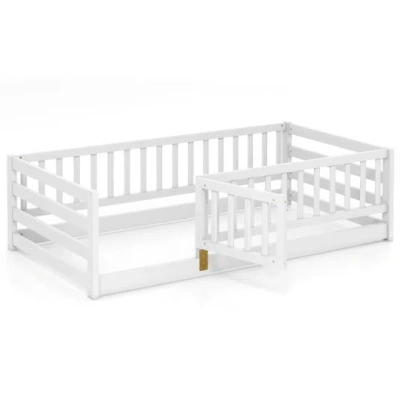 Costway Twin Size Floor Bed With High Fence And Door Playhouse For Kids-white