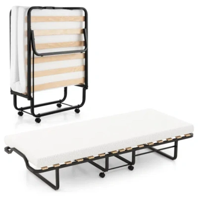 Costway Twin Size Folding Bed With Foam Mattress And Lockable Wheels In White