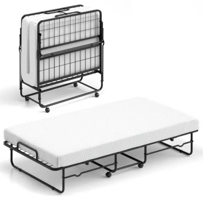 Costway Twin Size Folding Bed With Memory Foam Mattress And Heavy-duty Metal Frame In Gray