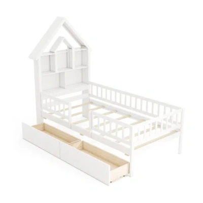Costway Twin Size House Bed Kids Montessori Bed With House-shaped Storage Headboard-white