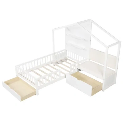Costway Twin Size House Bed Kids Platform Bed With Padded Bench-white