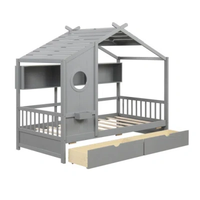 Costway Twin Size House Bed With 2 Storage Drawers And Fence Guardrails-gray