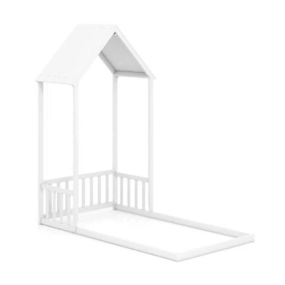 Costway Twin Size House Bed With House Shape Roof And Semi-fence-white