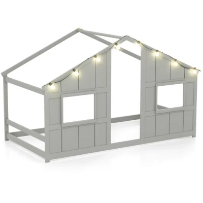 Costway Twin Size House Bed With Led Lights Montessori Slat-free Floor Bed-grey In White