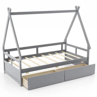 Costway Twin Size House Bed With Roof And Safety Guardrail-gray In Multi