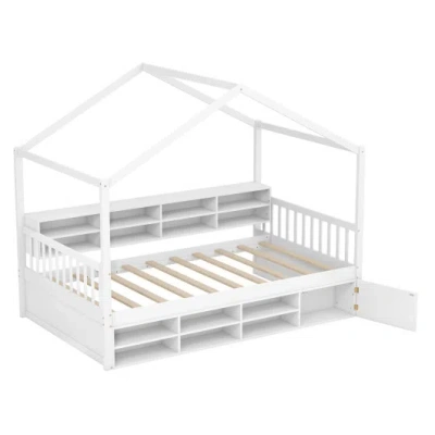 Costway Twin Size House Bed With Roof With 14 Storage Cubes And Enclosed Cabinet-white
