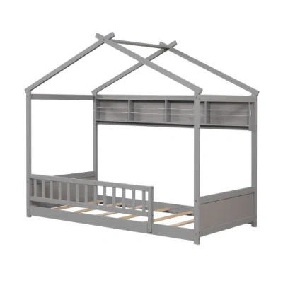 Costway Twin Size House Bed With Storage Shelf And Headboard-gray In Multi
