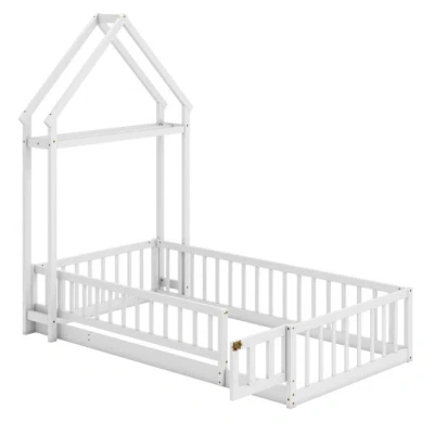 Costway Twin Size House Floor Bed With House-shaped Headboard-white In Gray