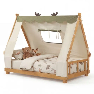 Costway Twin Size House Floor Wood Bed With Tent-natural In Multi
