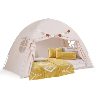 Costway Twin Size Indoor Canopy Tent For Kids With 2 Window And Suits 3+-beige In Multi
