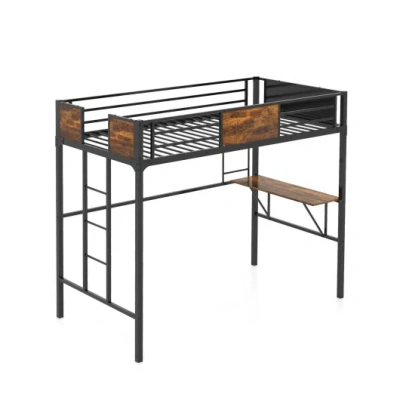 Costway Twin Size Industrial Metal Loft Bed With Desk Storage Shelf And Build-in Ladder-twin Size In Black