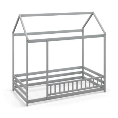 Costway Twin Size Kids House Bed Wooden Floor Bed With Roof And Full-length Safety Guardrail-gray In Multi