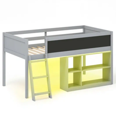 Costway Twin Size Kids Loft Bed With Led Lights And Removable Bookcase-gray In Multi