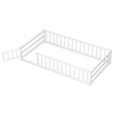 Costway Twin Size Kids Wood Montessori Floor Bed With Door And Fence-white In Animal Print