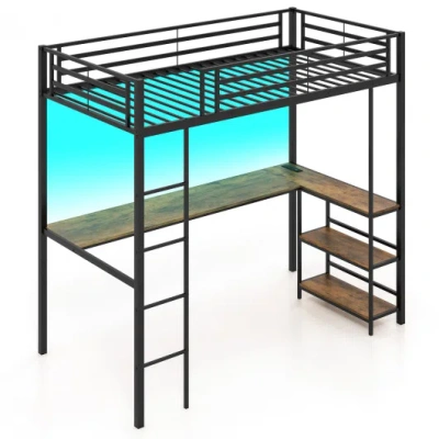 Costway Twin Size Loft Bed Raised Platform Bed With Desk And 2 Storage Shelves-black