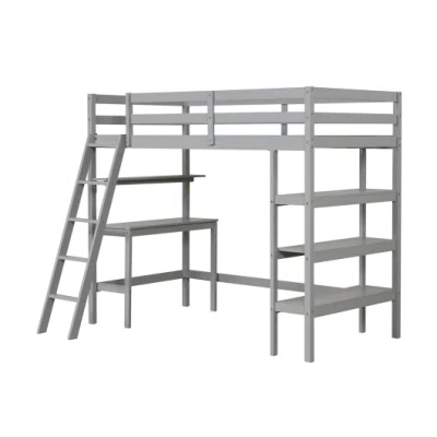 Costway Twin Size Loft Bed With Desk And Bookshelves For Kids And Teens-gray In Multi