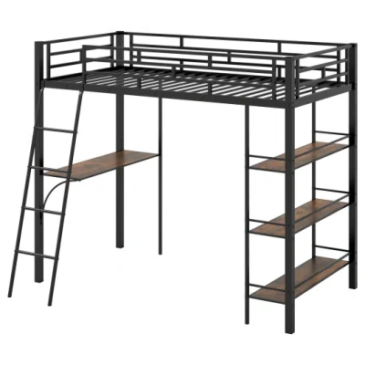 Costway Twin Size Loft Bed With Desk And Shelves For Kids And Home-black In Multi