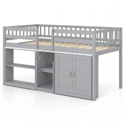 Costway Twin Size Loft Bed With Led Lights And Kids Wooden Bed Frame-gray In Multi