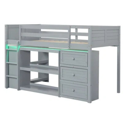 Costway Twin Size Loft Bed With Led Lights And Underbed Space For Kids-gray In Animal Print