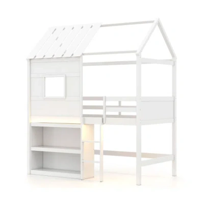 Costway Twin Size Loft Bed With Led Lights, Roof, Window And Storage Bookshelf-white