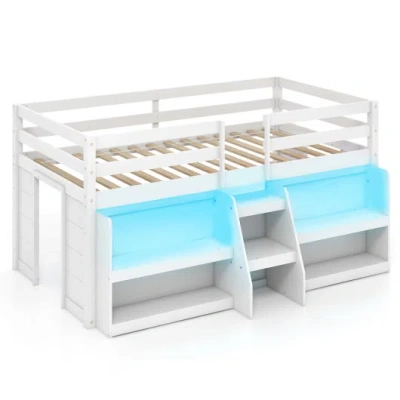 Costway Twin Size Loft Bed With Led Lights With Staircase And Safety Guardrail-white