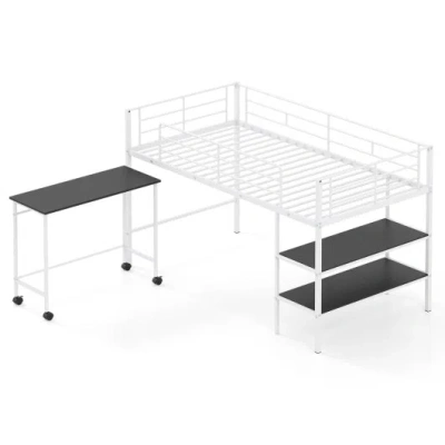 Costway Twin Size Loft Bed With Rolling Desk And Bookshelf Platform Bed Frame-white In Gray