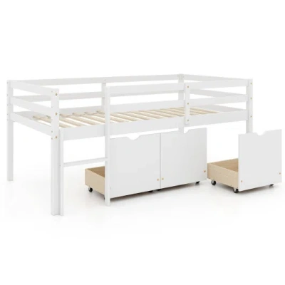 Costway Twin Size Low Loft Bed With 3 Drawers With Ladder And Full-length Guardrails-white