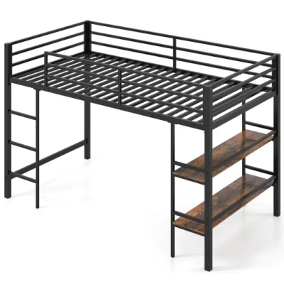 Costway Twin Size Low Loft Bed With Ladder And Storage Shelves Metal Frame For Boys Girls-black