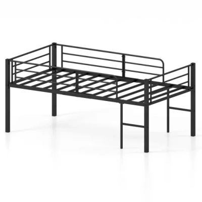 Costway Twin Size Low Loft Bed With Safety Guardrails And 2 Ladders-black In Multi