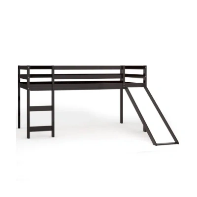 Costway Twin Size Low Sturdy Loft Bed With Slide Wood-dark Brown In Black