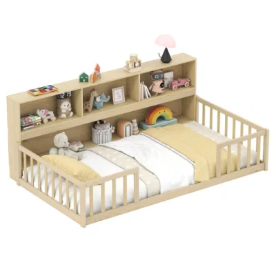 Costway Twin Size Montessori Floor Bed With Bookcase-natural In Brown