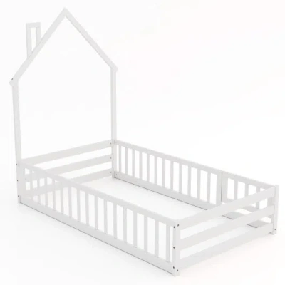 Costway Twin Size Montessori Floor Bed With Lockable Door And Full-length Guardrail-white