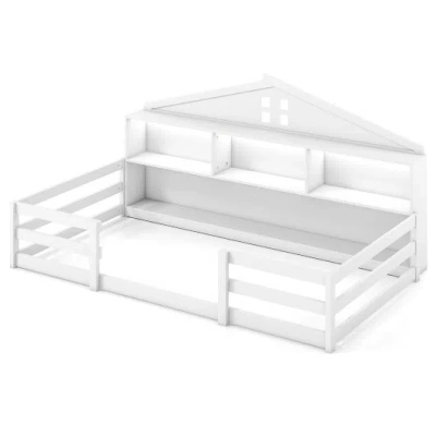 Costway Twin Size Montessori Floor Bed With Storage Compartments And Shelf-white
